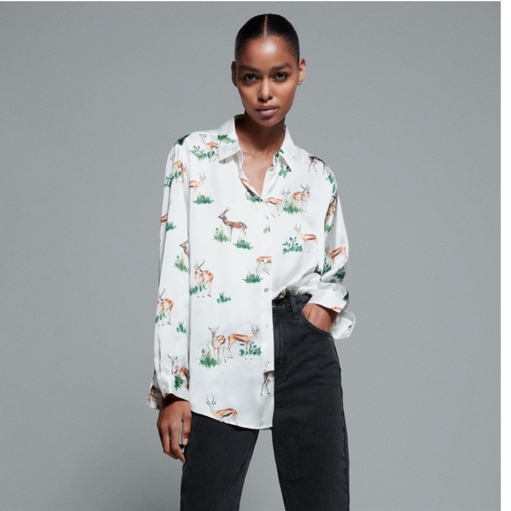 Zara Printed Animal Print Satin Shirt Roe‎ Deer Zara Lastzara Animal Print Satin